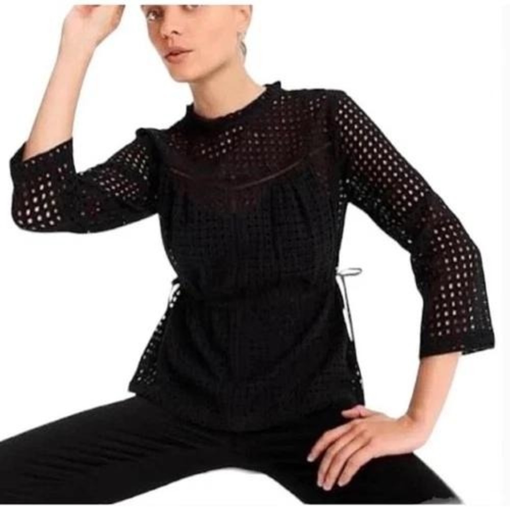 Point Sur Eyelet Cinched Tie Top Womens Size 4 Black Sheer Dark Academia